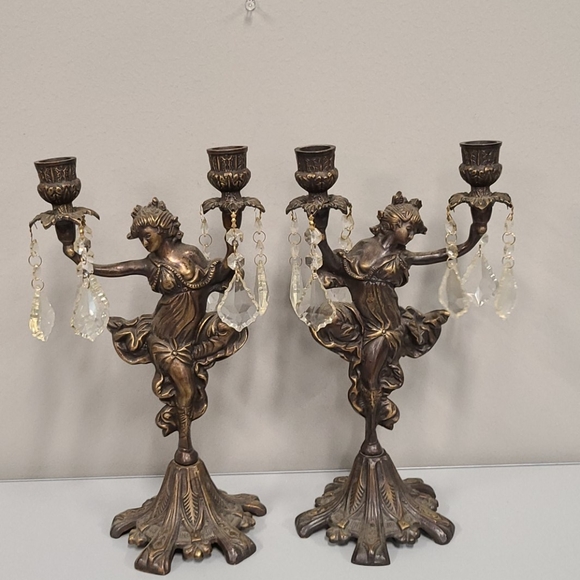 Vintage Italian Woman Brass Metal Candelabra Set